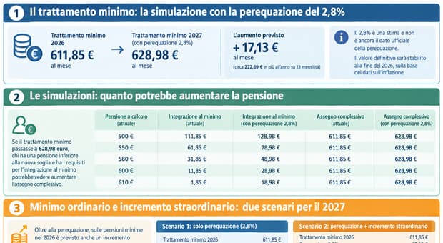  Pensioni minime, gli aumenti del 2027: tabelle delle simulazioni. Integrazione a 629 euro con la rivalutazione 
