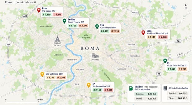  Benzina e diesel, la mappa dei prezzi a Roma: dove costa meno (oltre al tetto Eni) 
