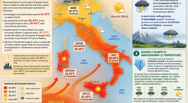  Caldo, fine in arrivo con l'aria fredda del Nord Europa: temperature giù di 8 gradi, temporali violenti e grandinate. Quando e dove, la mappa 