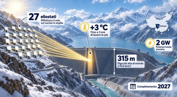  Cina, l'incredibile progetto per la diga più alta del mondo: 27 specchi sul fianco ghiacciato della montagna per scaldarla durante l'inverno 