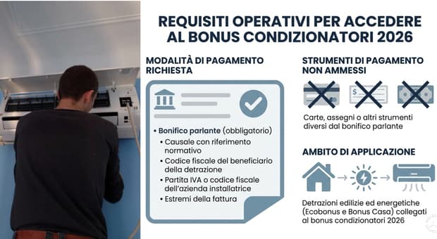  Bonus condizionatori 2026 anche senza lavori: come avere la detrazione al 50% ed evitare errori con il bonifico 