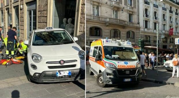  Roma, incidente choc a via del Tritone: taxi perde il freno a mano, invade il marciapiede e investe una passante: è gravissima 