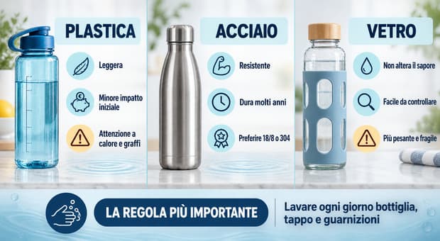  Borraccia di plastica, vetro o acciaio? Quale è la migliore per l'uso quotidiano (e il rischio batteri) 