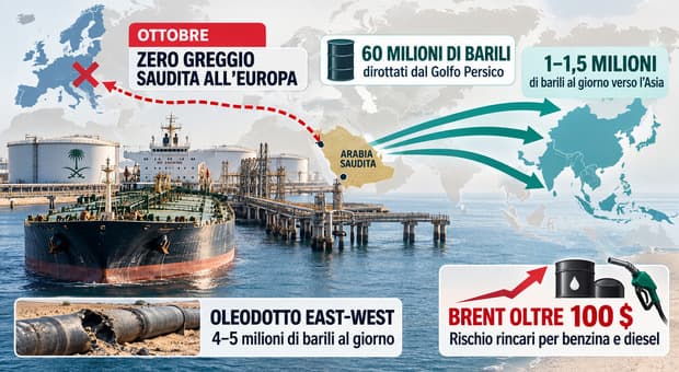  Petrolio, l?Arabia taglia le forniture all?Europa: rischio nuovi rincari del greggio (già oltre i 100 dollari) 