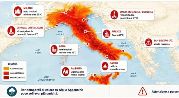  ?Caldo, mappa città più colpite: da Roma a Milano fino a Napoli, previsti fino 45°. Da lunedì atteso il picco 