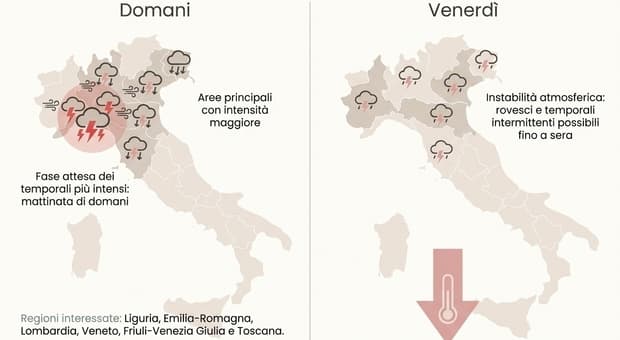  Meteo, arriva la perturbazione atlantica: temporali e temperature in picchiata, allerta in 5 regioni. Ecco dove pioverà 