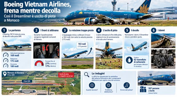  Il Boeing frena (improvvisamente) mentre sta decollando, rischia di schiantarsi e finisce fuori pista: paura all'aeroporto di Monaco 