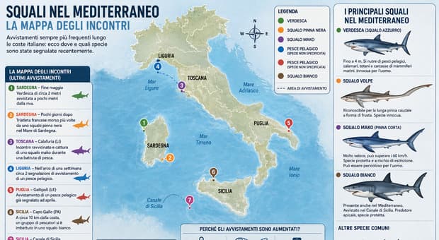  Squali in Italia, la mappa degli avvistamenti nei nostri mari: perché sono aumentati (e quali specie sono) 