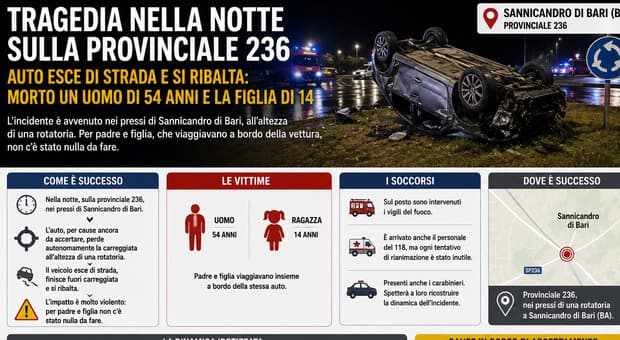  Auto esce di strada e si ribalta nel Barese, morti padre di 54 anni e figlia 14enne 
