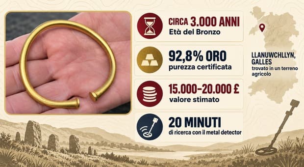  «Pensavo fosse stagnola ma era un bracciale d'oro di 3000 anni fa. L'ho trovato col metal detector e vale una fortuna» 