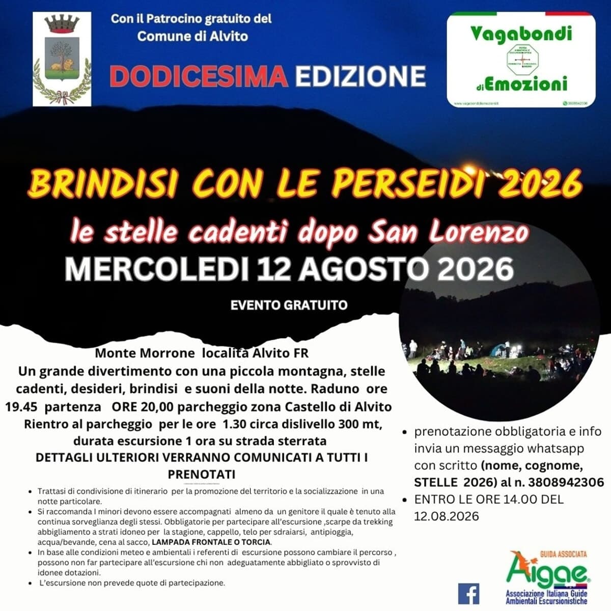 Alvito, "Brindisi con le perseidi 2026 "- le stelle cadenti dopo San Lorenzo