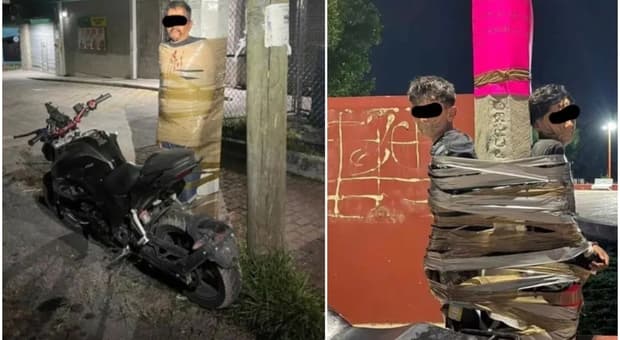  Il "Batman" messicano, dà la caccia ai ladri di moto e poi li lega ai lampioni (con il nastro adesivo) 