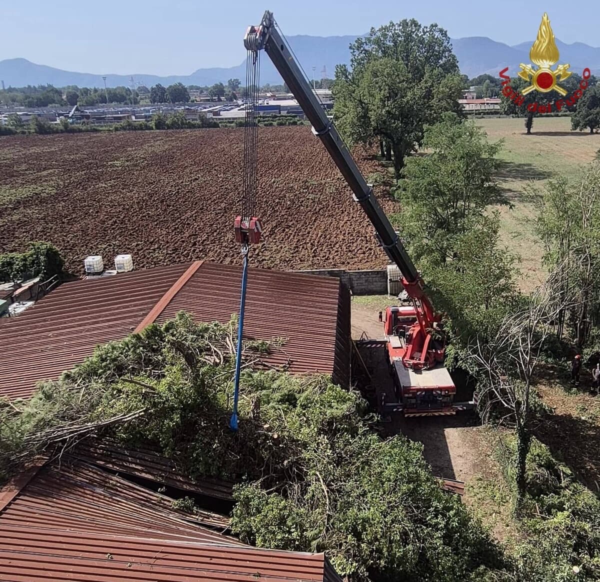 Albero cade su un capannone a Piedimonte San Germano, Vigili del Fuoco ancora al lavoro