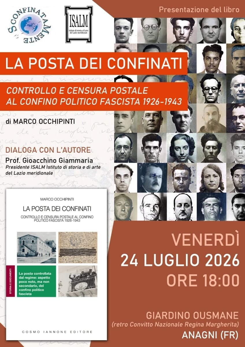 Anagni, presentazione del libro di Marco Occhipinti “La posta dei confinati – Controllo e censura postale al confino fascista 1926-1943”.