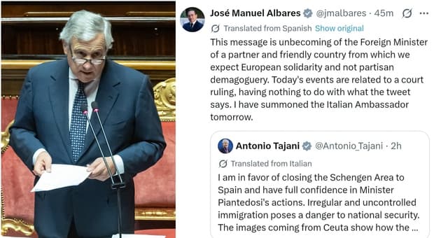  Ceuta, Tajani: «Favorevole alla chiusura dello spazio Schengen con la Spagna». Madrid convoca l'ambasciatore 