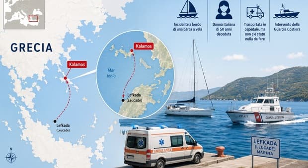  Lefkada, morta un'italiana di 52 anni in vacanza. Incidente in barca, sarebbe stata colpita dall'albero della vela 