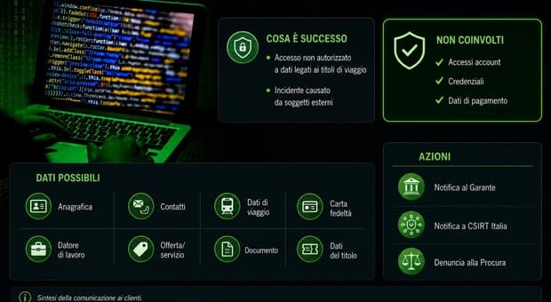  Trenitalia, attacco hacker: furto di dati personali dei passeggeri. «Violati cellulari e mail, ma non le carte di credito» 